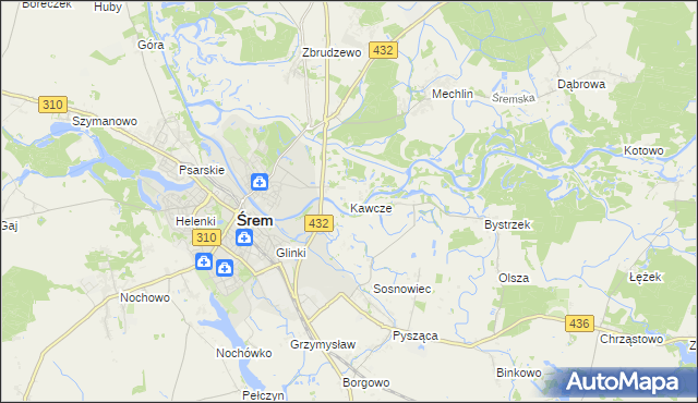 mapa Kawcze gmina Śrem, Kawcze gmina Śrem na mapie Targeo