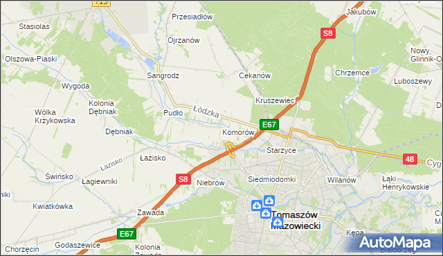mapa Komorów gmina Tomaszów Mazowiecki, Komorów gmina Tomaszów Mazowiecki na mapie Targeo