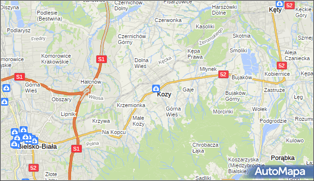 mapa Kozy powiat bielski, Kozy powiat bielski na mapie Targeo