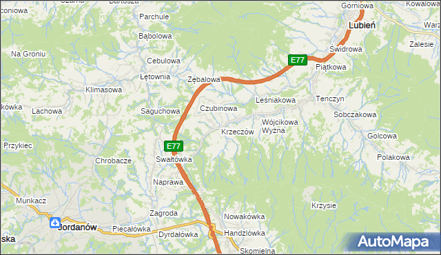 mapa Krzeczów gmina Lubień, Krzeczów gmina Lubień na mapie Targeo