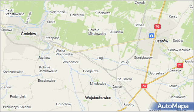 mapa Ługi gmina Wojciechowice, Ługi gmina Wojciechowice na mapie Targeo