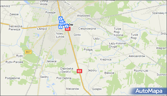 mapa Podgaj gmina Łuków, Podgaj gmina Łuków na mapie Targeo
