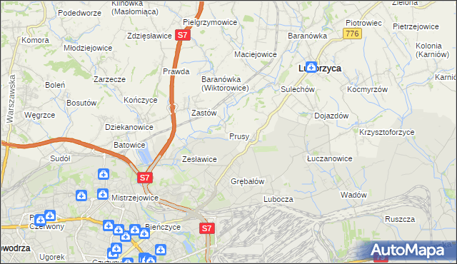 mapa Prusy gmina Kocmyrzów-Luborzyca, Prusy gmina Kocmyrzów-Luborzyca na mapie Targeo