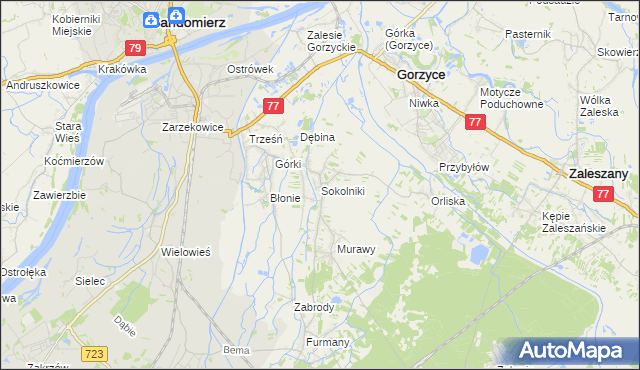 mapa Sokolniki gmina Gorzyce, Sokolniki gmina Gorzyce na mapie Targeo