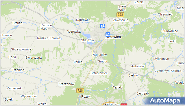 mapa Augustów gmina Drzewica, Augustów gmina Drzewica na mapie Targeo