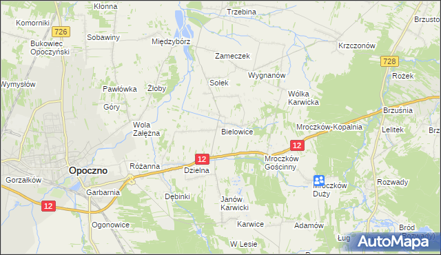 mapa Bielowice gmina Opoczno, Bielowice gmina Opoczno na mapie Targeo