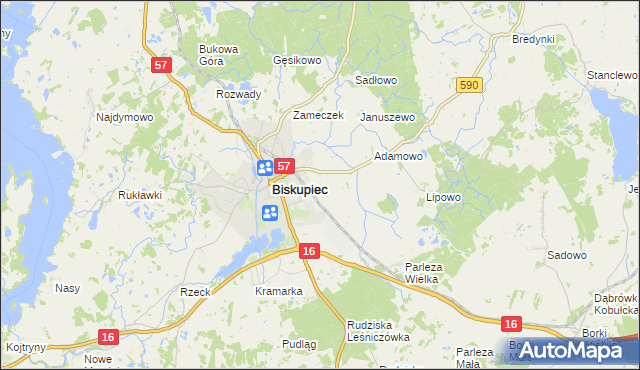 mapa Biskupiec-Kolonia Druga, Biskupiec-Kolonia Druga na mapie Targeo