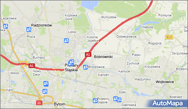 mapa Bobrowniki powiat będziński, Bobrowniki powiat będziński na mapie Targeo