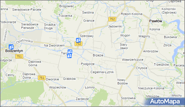 mapa Brzezie gmina Pawłów, Brzezie gmina Pawłów na mapie Targeo