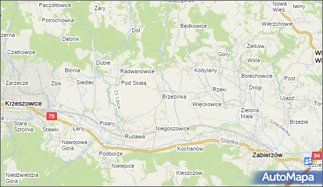 mapa Brzezinka gmina Zabierzów, Brzezinka gmina Zabierzów na mapie Targeo