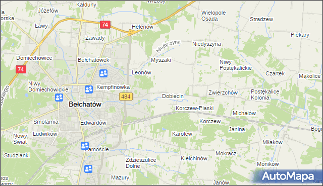 mapa Dobiecin gmina Bełchatów, Dobiecin gmina Bełchatów na mapie Targeo