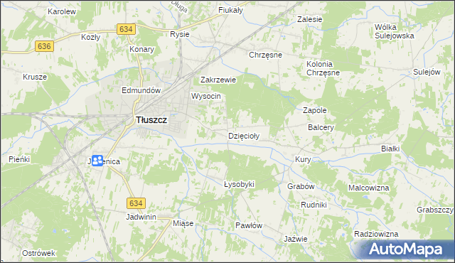 mapa Dzięcioły gmina Tłuszcz, Dzięcioły gmina Tłuszcz na mapie Targeo