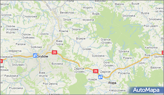 mapa Gródek gmina Grybów, Gródek gmina Grybów na mapie Targeo