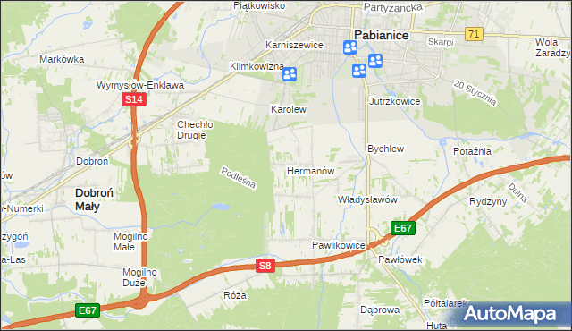 mapa Hermanów gmina Pabianice, Hermanów gmina Pabianice na mapie Targeo