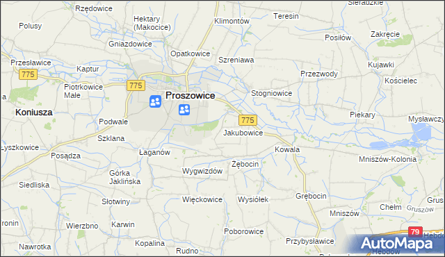 mapa Jakubowice gmina Proszowice, Jakubowice gmina Proszowice na mapie Targeo