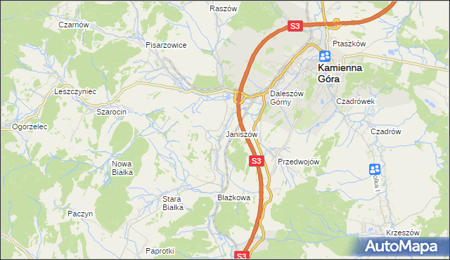 mapa Janiszów gmina Kamienna Góra, Janiszów gmina Kamienna Góra na mapie Targeo