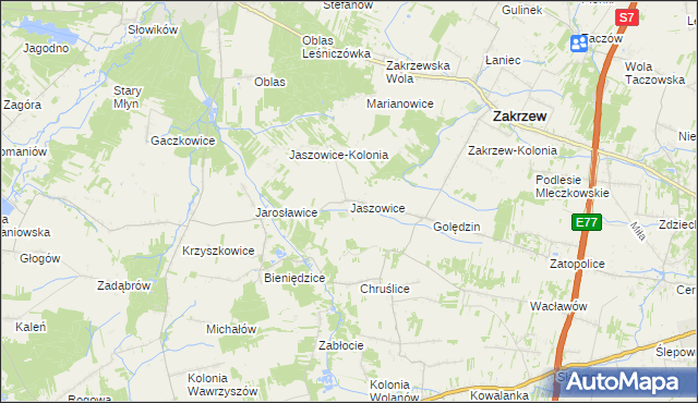 mapa Jaszowice gmina Zakrzew, Jaszowice gmina Zakrzew na mapie Targeo