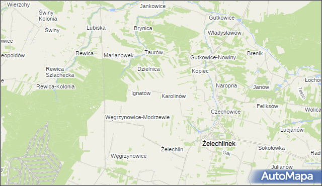 mapa Karolinów gmina Żelechlinek, Karolinów gmina Żelechlinek na mapie Targeo