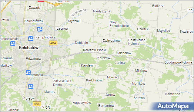 mapa Korczew gmina Bełchatów, Korczew gmina Bełchatów na mapie Targeo