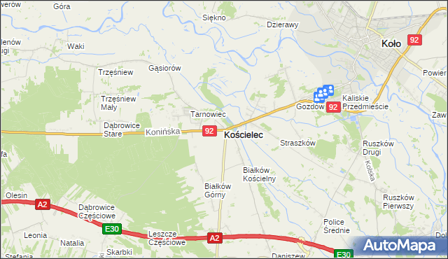 mapa Kościelec powiat kolski, Kościelec powiat kolski na mapie Targeo