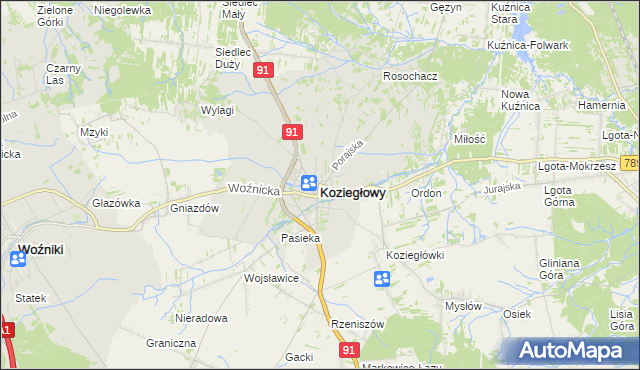mapa Koziegłowy powiat myszkowski, Koziegłowy powiat myszkowski na mapie Targeo