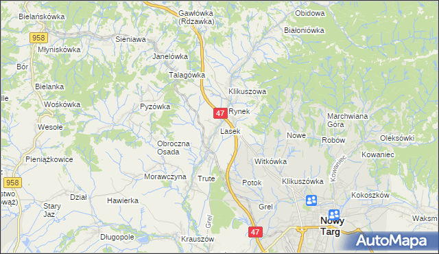 mapa Lasek gmina Nowy Targ, Lasek gmina Nowy Targ na mapie Targeo