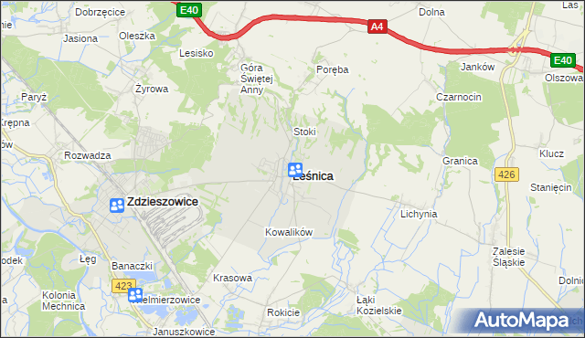 mapa Leśnica powiat strzelecki, Leśnica powiat strzelecki na mapie Targeo