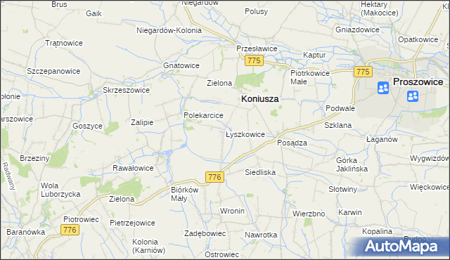 mapa Łyszkowice gmina Koniusza, Łyszkowice gmina Koniusza na mapie Targeo