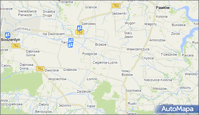 mapa Modrzewie gmina Pawłów, Modrzewie gmina Pawłów na mapie Targeo