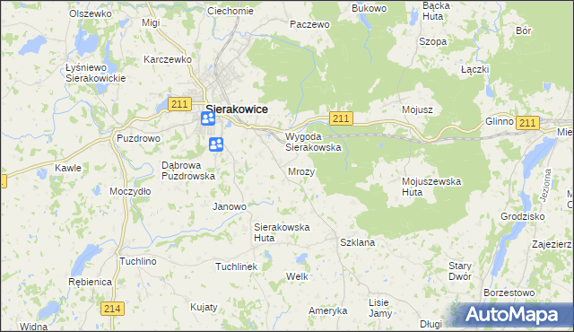 mapa Mrozy gmina Sierakowice, Mrozy gmina Sierakowice na mapie Targeo
