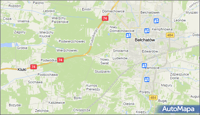 mapa Nowy Świat gmina Bełchatów, Nowy Świat gmina Bełchatów na mapie Targeo