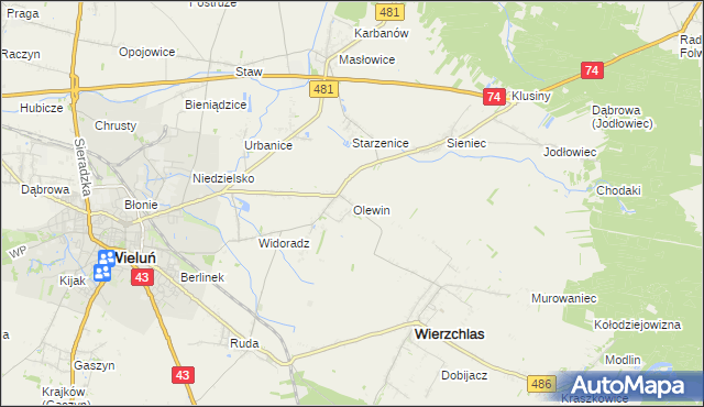 mapa Olewin gmina Wieluń, Olewin gmina Wieluń na mapie Targeo