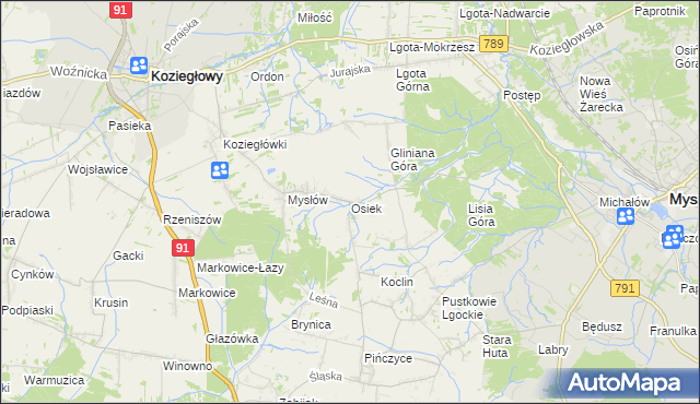 mapa Osiek gmina Koziegłowy, Osiek gmina Koziegłowy na mapie Targeo