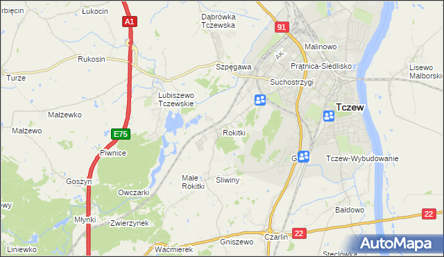 mapa Rokitki gmina Tczew, Rokitki gmina Tczew na mapie Targeo