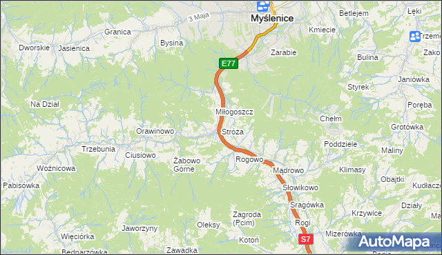 mapa Stróża gmina Pcim, Stróża gmina Pcim na mapie Targeo