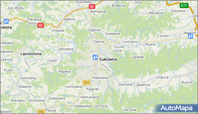 mapa Sułkowice powiat myślenicki, Sułkowice powiat myślenicki na mapie Targeo