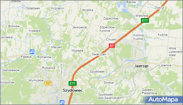 mapa Świerczek gmina Szydłowiec, Świerczek gmina Szydłowiec na mapie Targeo