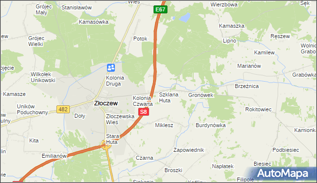 mapa Szklana Huta gmina Złoczew, Szklana Huta gmina Złoczew na mapie Targeo