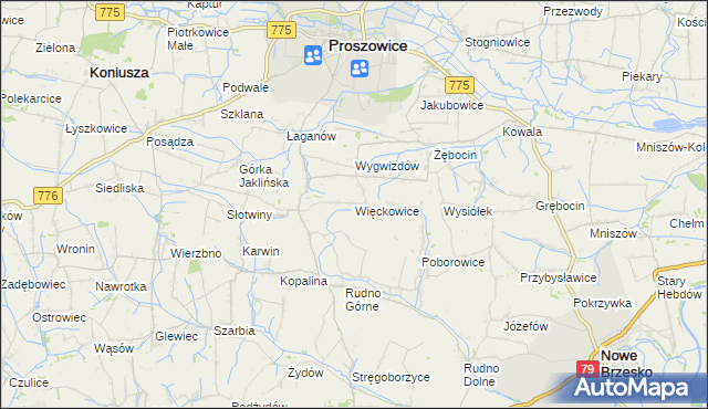 mapa Więckowice gmina Proszowice, Więckowice gmina Proszowice na mapie Targeo