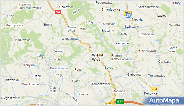 mapa Wielka Wieś powiat krakowski, Wielka Wieś powiat krakowski na mapie Targeo