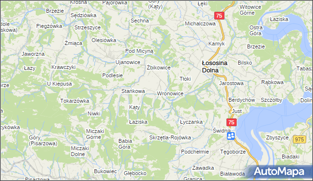 mapa Wronowice gmina Łososina Dolna, Wronowice gmina Łososina Dolna na mapie Targeo