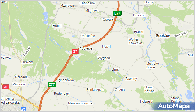 mapa Wygoda gmina Jędrzejów, Wygoda gmina Jędrzejów na mapie Targeo