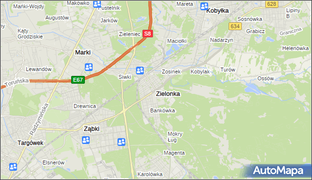 mapa Zielonka powiat wołomiński, Zielonka powiat wołomiński na mapie Targeo