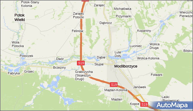 mapa Dąbie gmina Modliborzyce, Dąbie gmina Modliborzyce na mapie Targeo
