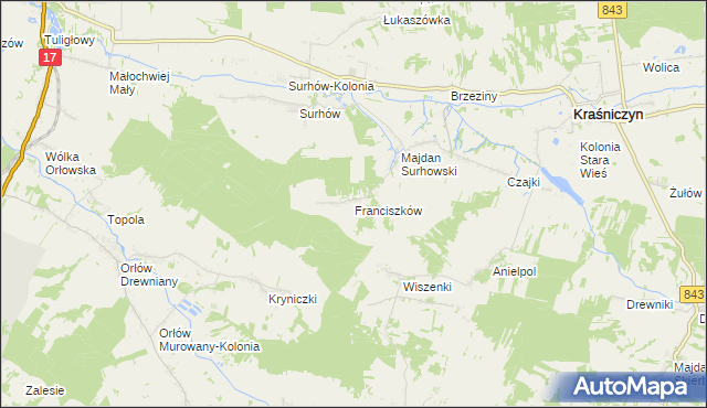 mapa Franciszków gmina Kraśniczyn, Franciszków gmina Kraśniczyn na mapie Targeo