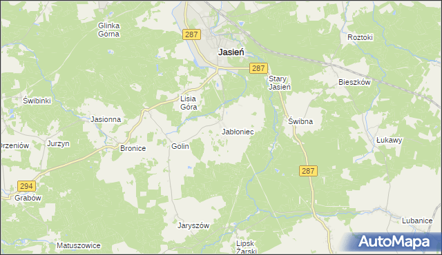 mapa Jabłoniec gmina Jasień, Jabłoniec gmina Jasień na mapie Targeo