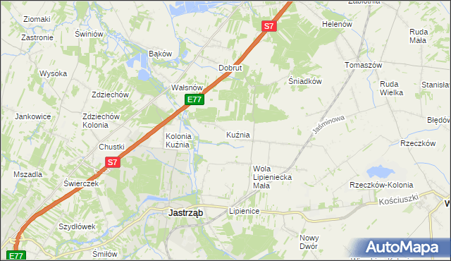 mapa Kuźnia gmina Jastrząb, Kuźnia gmina Jastrząb na mapie Targeo