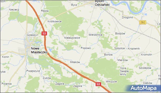 mapa Popowo gmina Bytom Odrzański, Popowo gmina Bytom Odrzański na mapie Targeo