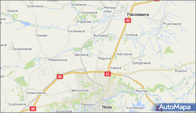 mapa Regulice gmina Nysa, Regulice gmina Nysa na mapie Targeo