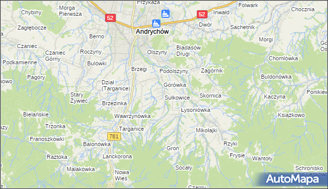 mapa Sułkowice gmina Andrychów, Sułkowice gmina Andrychów na mapie Targeo